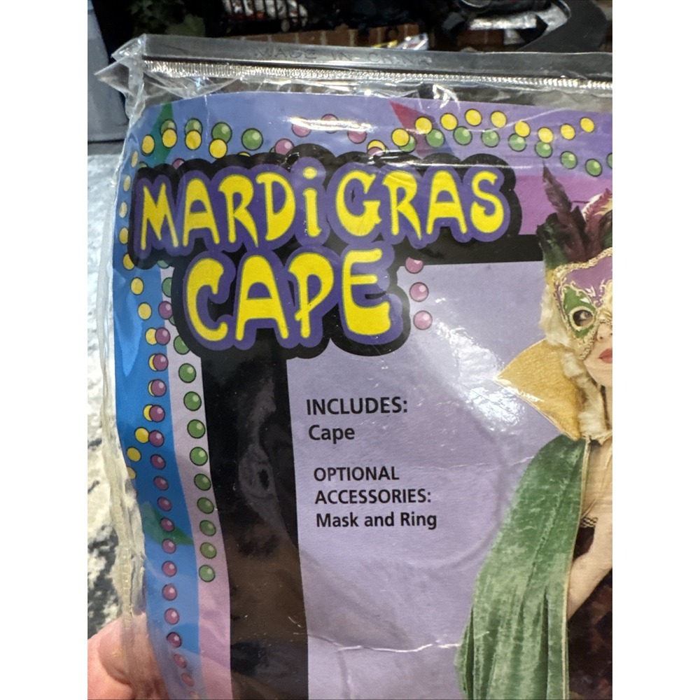 Mardi Gras Cape, Beads, Rings Green Purple Gold Costume Accessory One Size Adult